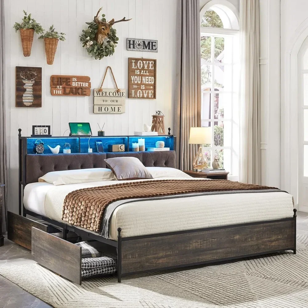 Large Bed Frame with Storage Cushion Headboard and 4 Drawers, Farmhouse Metal Platform Bed with LED Lights and Charging Station