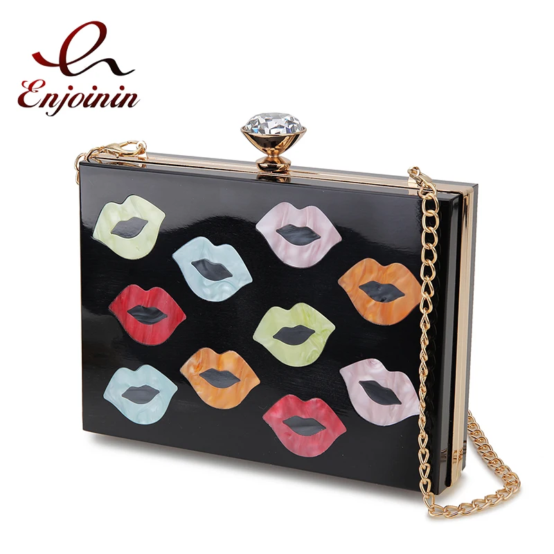 

Character Lip Printed Acrylic Box Party Evening Clutch Bags Women Luxury Ladies Purses and Handbags Chain Shoulder Bag Wedding