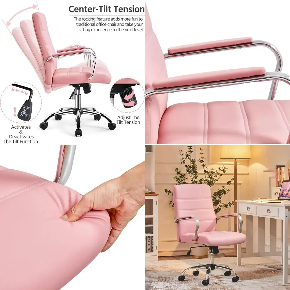

Adjustable Height Swivel Pink PU Leather Mid-Back Office Chair Executive Desk Chair