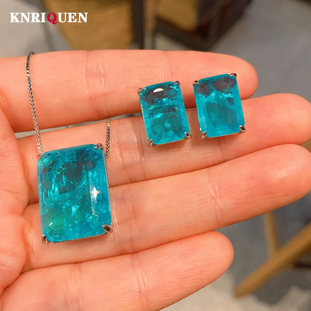 

KNRIQUEN Vintage Jewelry Sets for Women Lab Paraiba Tourmaline Gemstone Wedding Party Earrings Pendant Necklace Charms Fine Gift