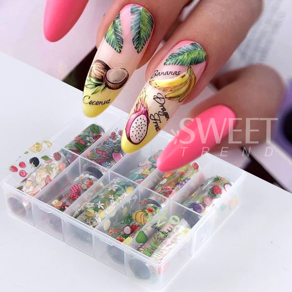 Summer Fruit Nail Transfer Foils Tropical Plants Strawberry Watermelon Avocado Daisy Leaves Starry Sky Paper DIY Nail Decoration