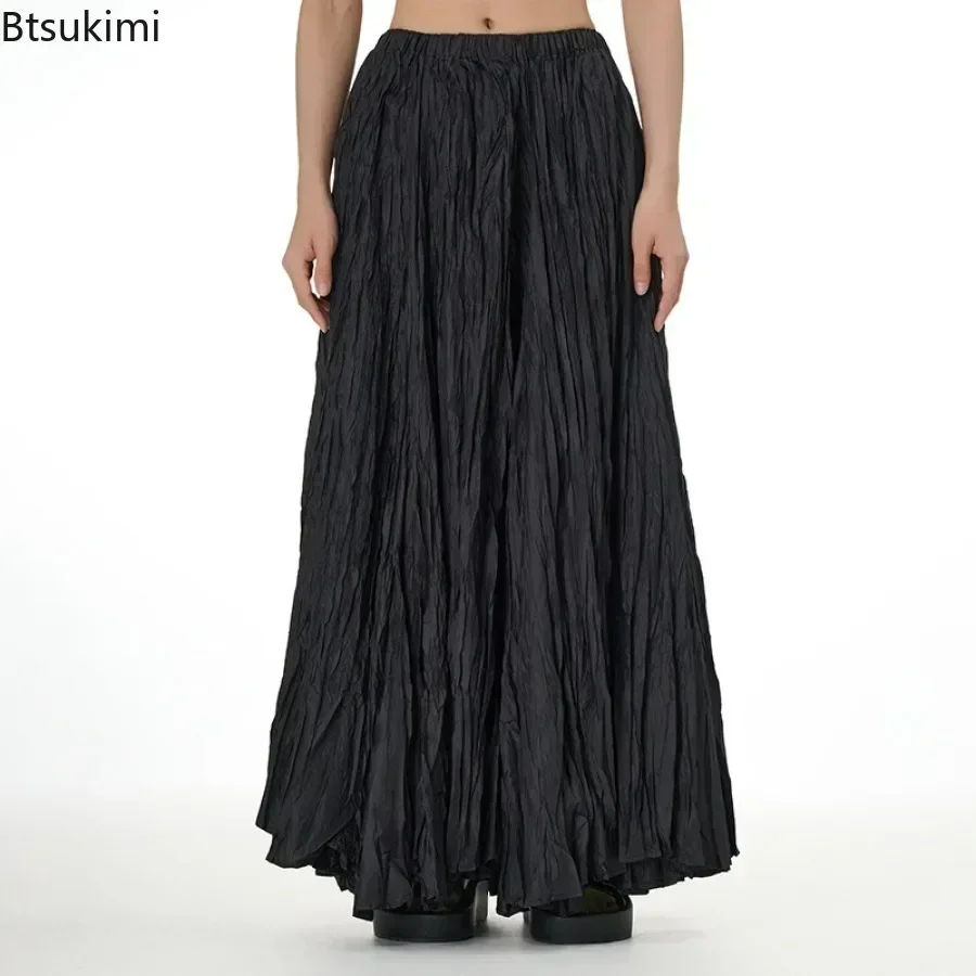 2024 Women\'s Elegant Drape Crumpled Skirts Summer Elastic Waist Big-Hem Long Skirts Large Size Loose Umbrella Skirts Streetwear