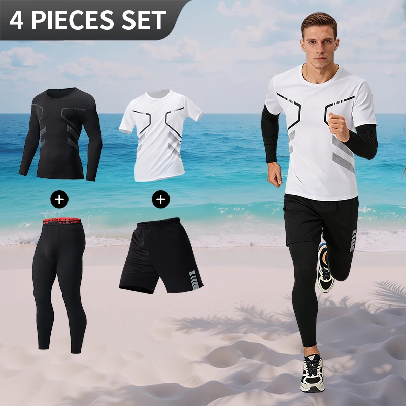 

4-piece set of spring and autumn men's fashionable printed short sleeved shorts with base, long sleeved pants, warm clothing