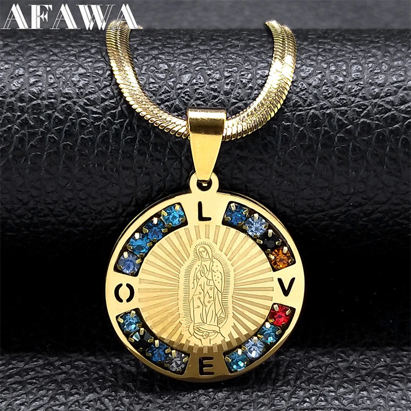 Virgin Mary Medal Pendant Necklace for Women Men Stainless Steel Gold Color Our Lady Guadalupe Chain Jewelry collier N8389S02