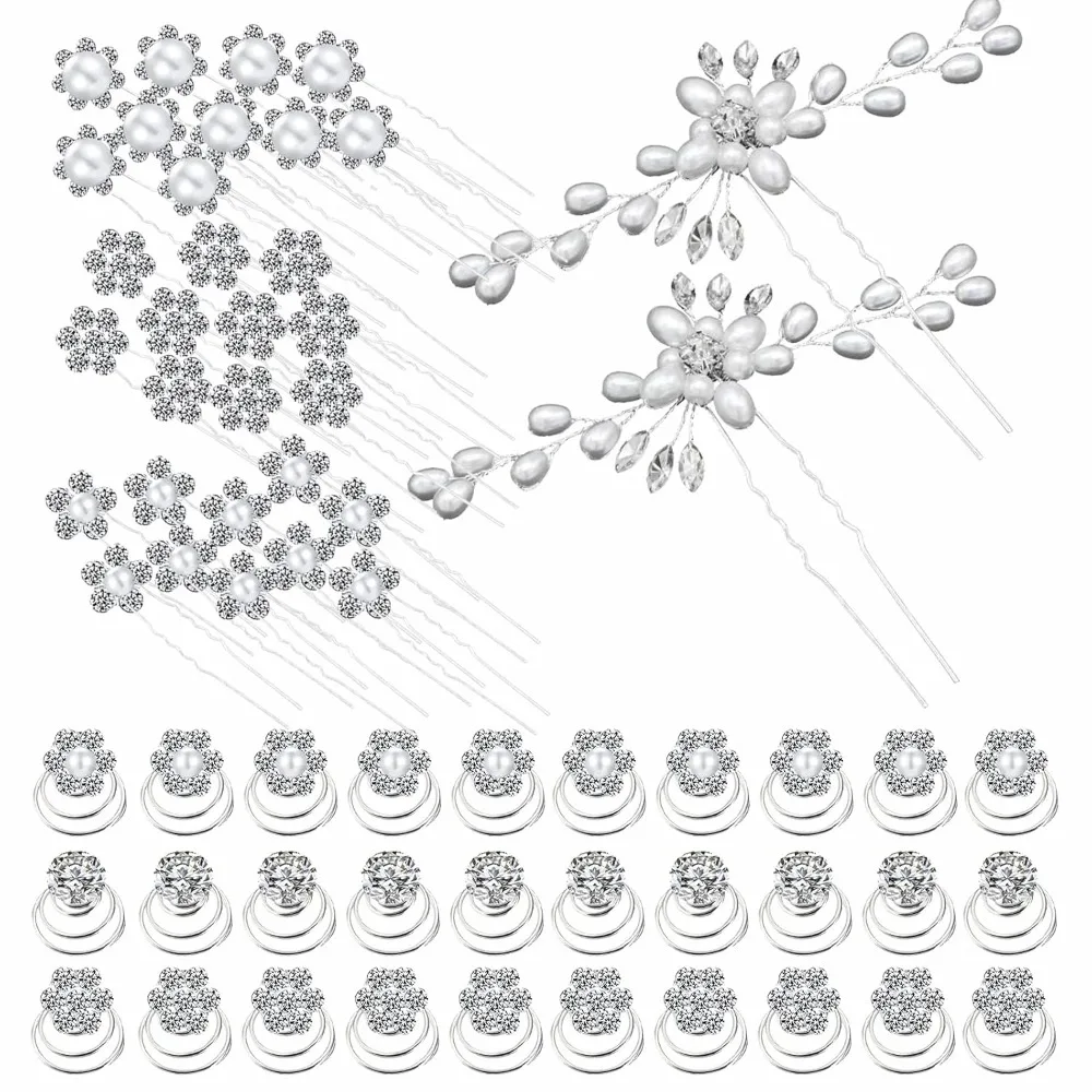 

62 шт., свадебные заколки для волос, аксессуары для волос, жемчужный цветок, заколки для волос невесты со стразами и кристаллами, спиральная катушка U