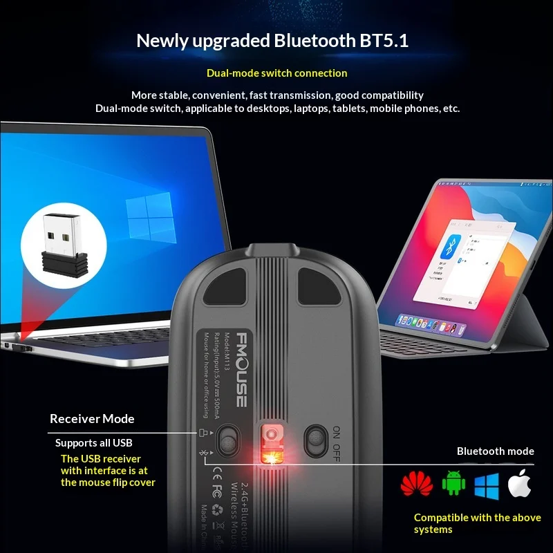 Fmouse M113 Wireless Mouse Usb Bluetooth 5.1 2.4g Dual Mode Volume Adjustable Ultra Slim Portable For Home Office Laptop Tablet