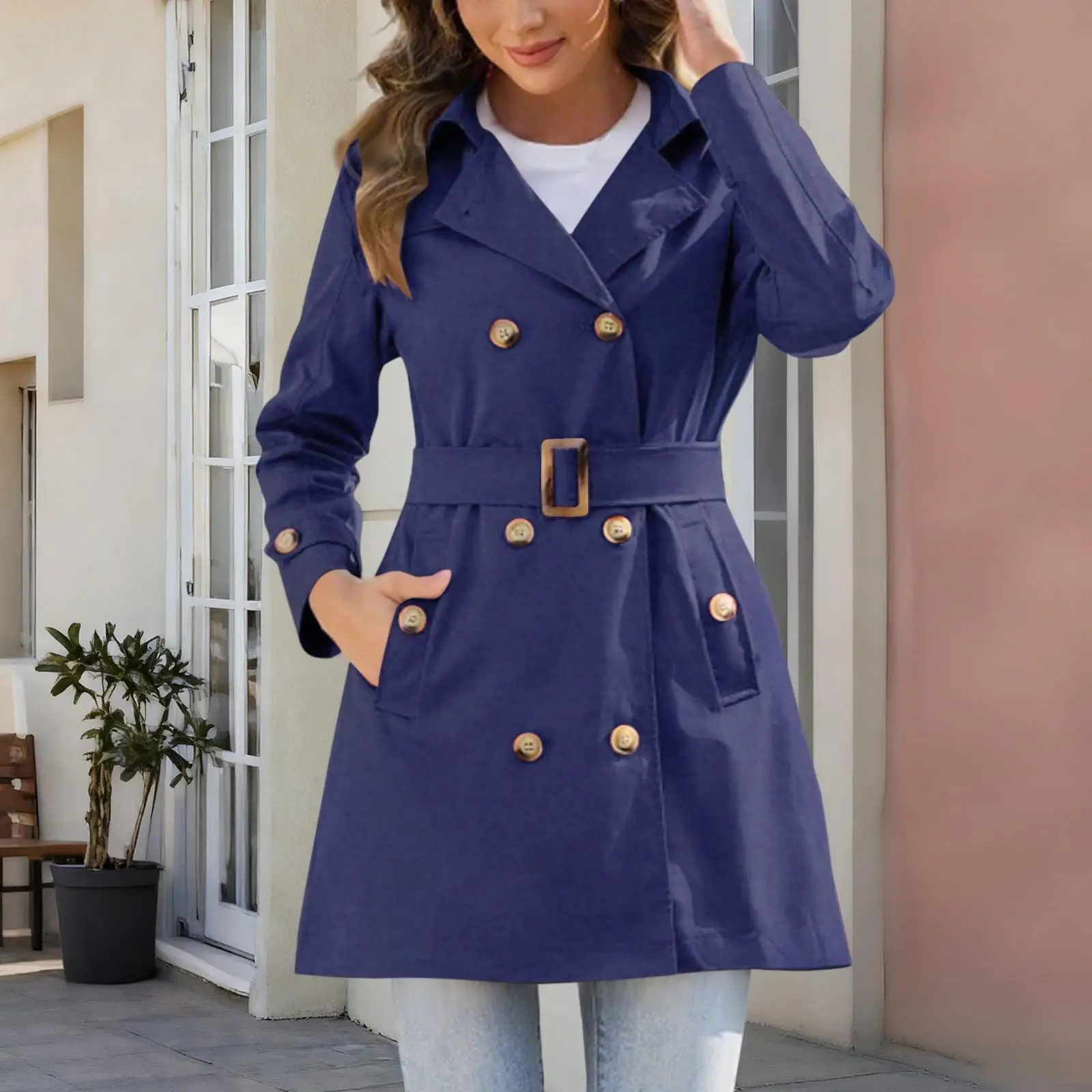 

Winter Ladies' Fashion Solid Color Outdoor Collar Long Sleeve Double Breasted Windbreaker With Belt Coat For Daily Wear