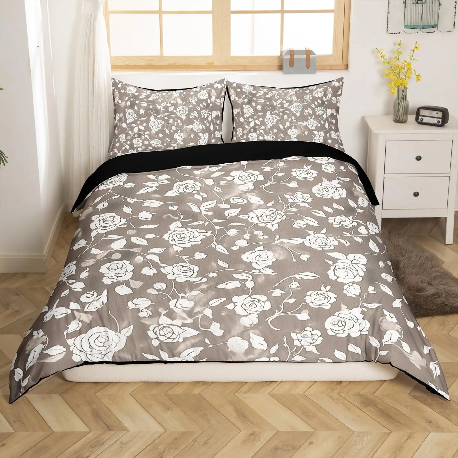 Exotic Botanical Flower Blossom Duvet Cover, Retro Floral Twin Queen Bedding Set,Natural Branches Leaves Petals Comforter Cover