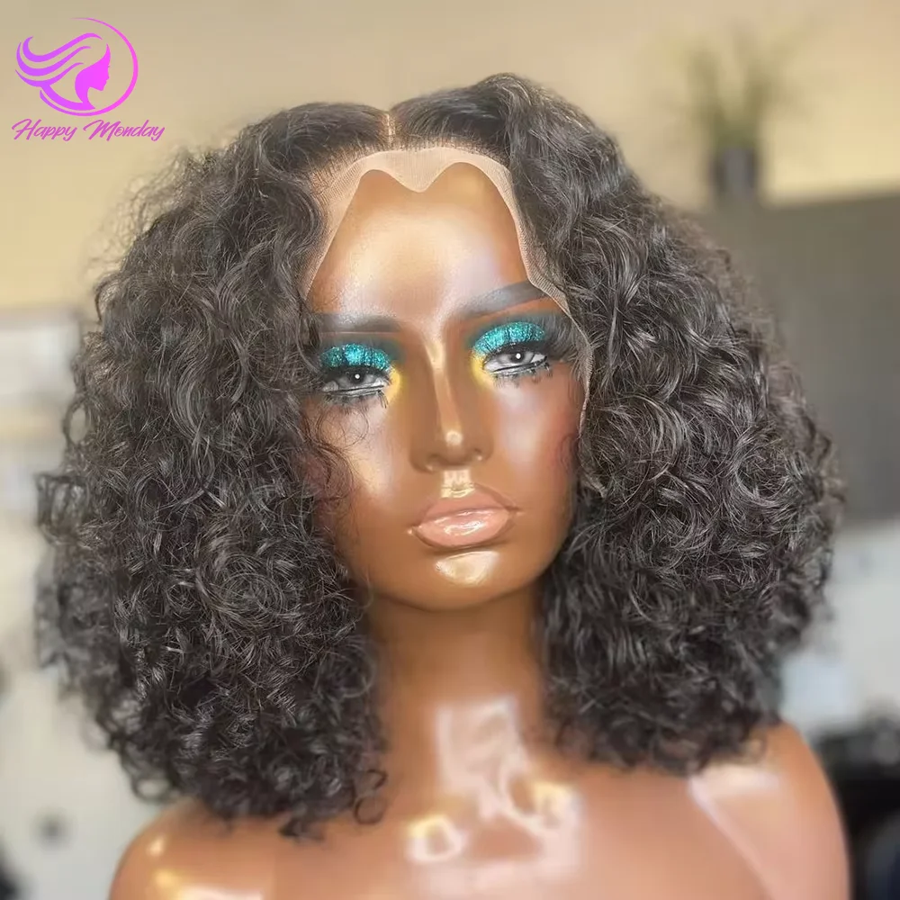 Peruca de cabelo humano curto curly bob para mulheres negras, pré arrancada, onda profunda transparente, renda frontal, parte livre, brasileira