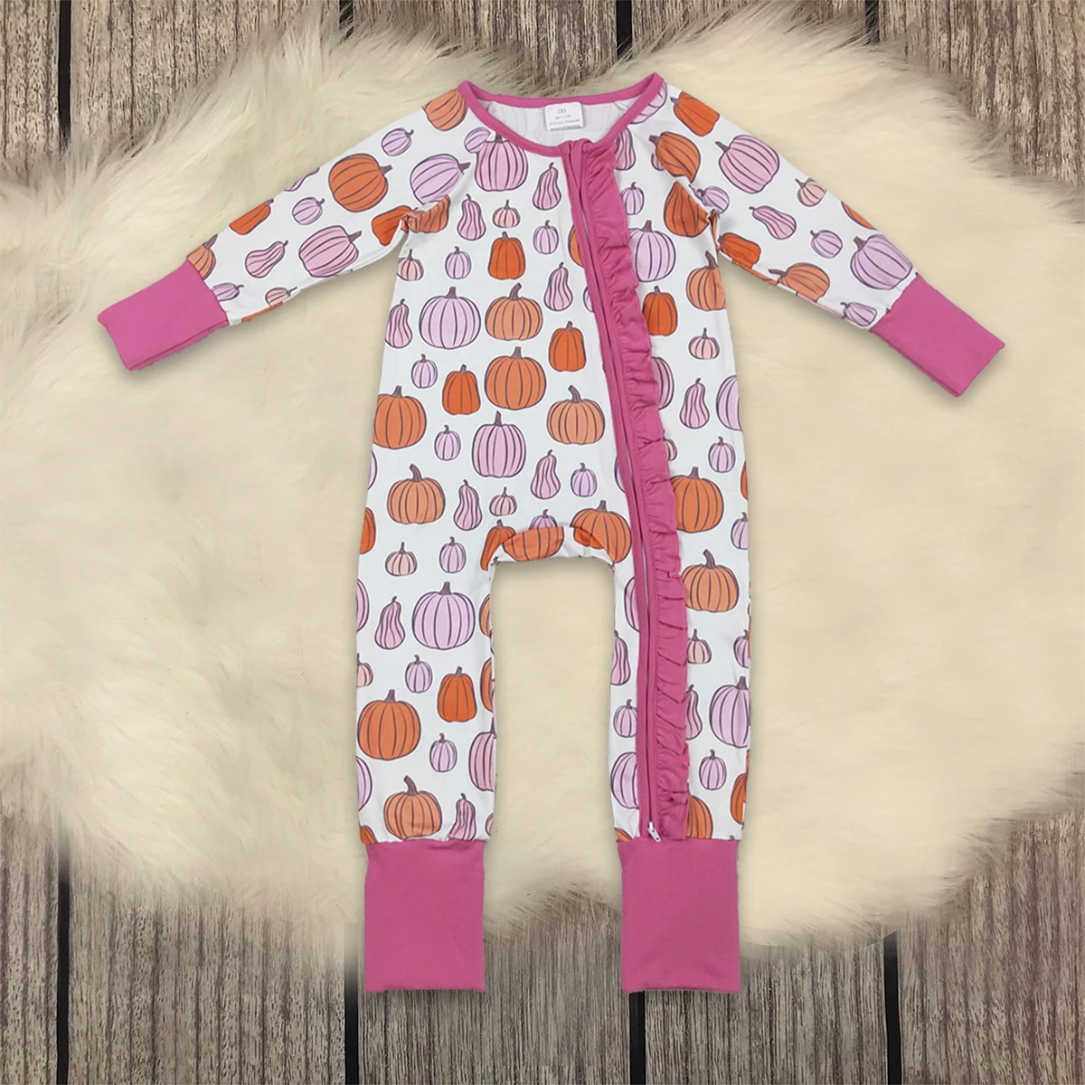 

Baby Toddler Thanksgiving Fall Jumpsuit Girl Children Pumpkins Romper Newborn Coverall Kids Zipper Ruffle Bodysuit Wholesale