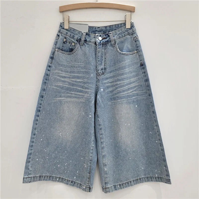 ANJY, novedad de verano, pantalones vaqueros elegantes para mujer, pantalones cortos con tachuelas de diamantes, pantalones vaqueros desgastados rectos, pantalones cortos elegantes de calle alta A10005