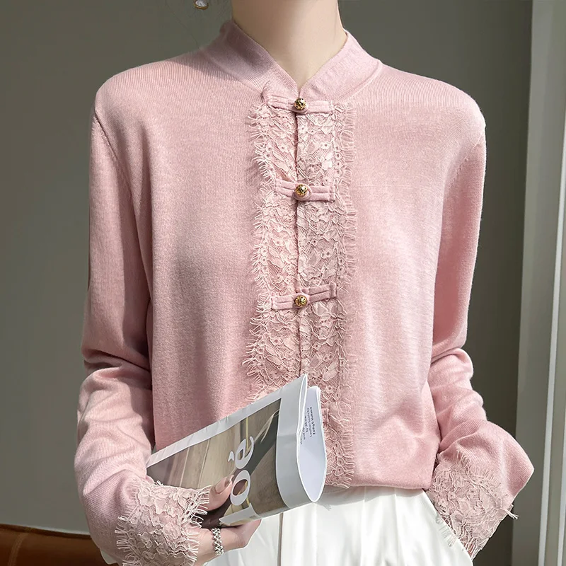 100% Merino Wool Spring new women's sweater half turtleneck Cardigan Fashion worsted Chinese style warm base knit shirt