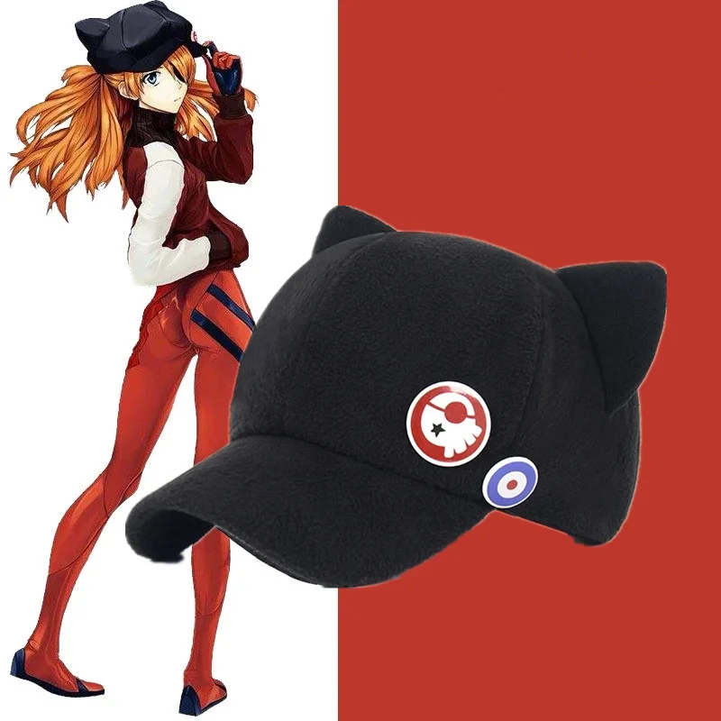 Anime Black Asuka Langley Soryu Badge Caps Cosplay Accessories Cute Cat Ears Cotton Fleece Hat Adult Baseball Hats