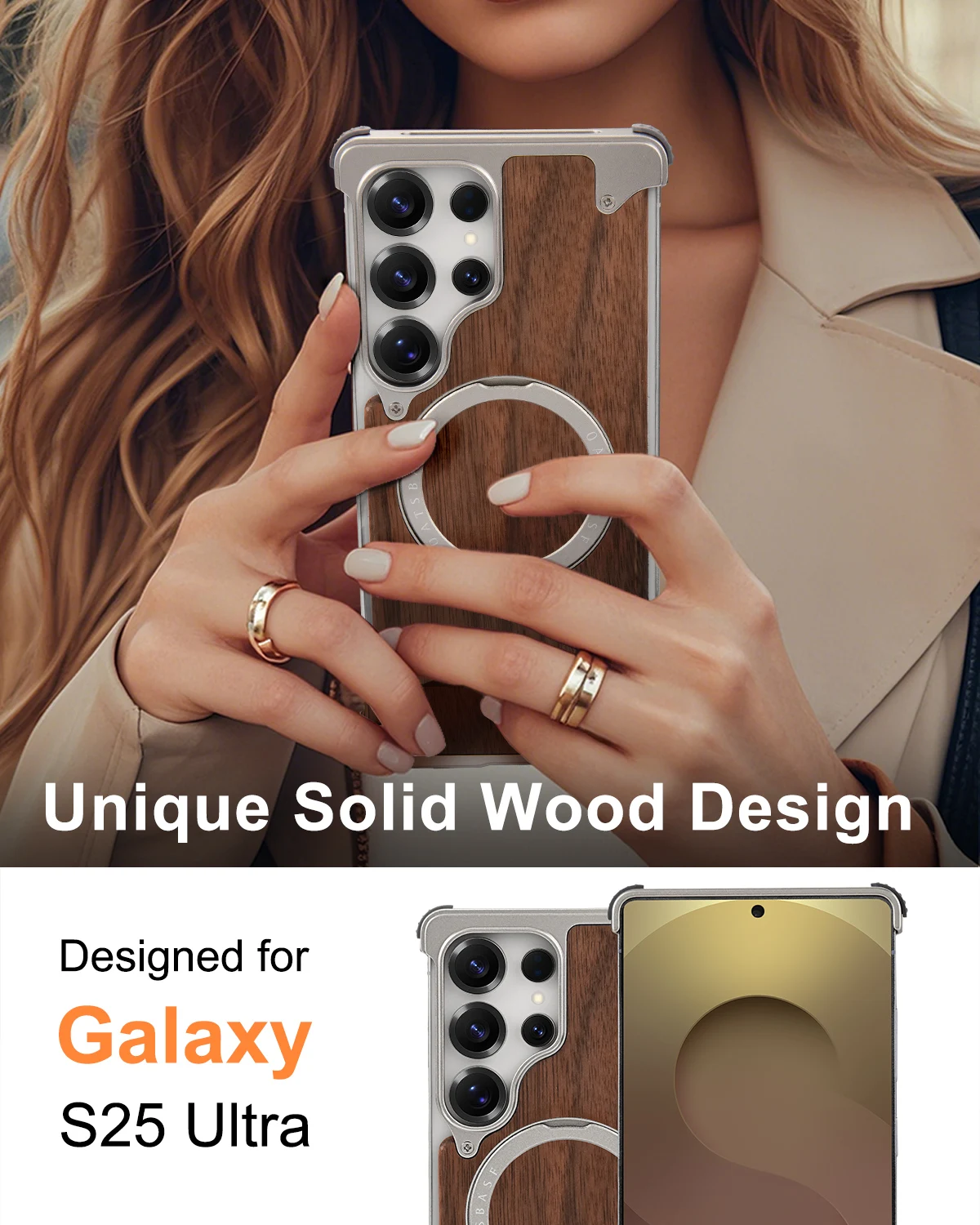 Eary Solid Wood Phone Case for Samsung Galaxy S25 S24 Ultra Magnetic With 360° Rotation Stand Magsafe Frameless Protector Shell
