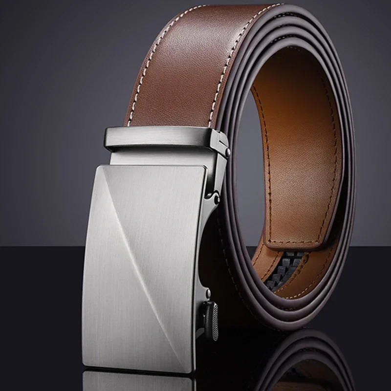 

Men's Cattle Belt Business Leisure Smooth Belt Coffee Brown Genuine Leather Automatic Blue Middle Aged Pant Belt