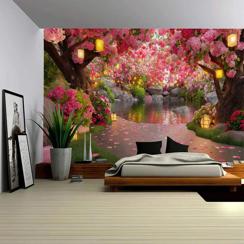 

Garden Landscape Tapestry Pink Flower Street Lamp European Style Pond Wall Hanging Home Living Room Decoration Background Cloth