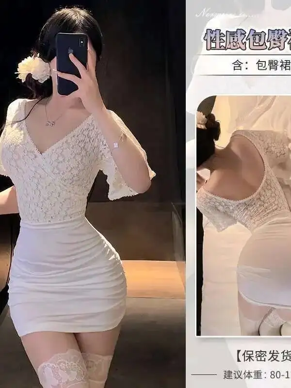 Abito aderente in pizzo sexy Elegante uniforme Tentazione Sheer Nightclub Indumenti da notte Scollo a V T Shirt Mini abito Dolce Top sexy K4YX