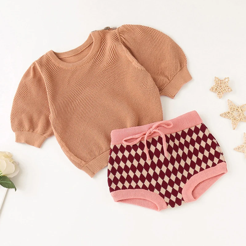 Children Baby Girls Cute Knitted Bread Pants Kids Shorts Pants Autumn Winter Child Knitting Kids Baby Girls Grid Short Pants