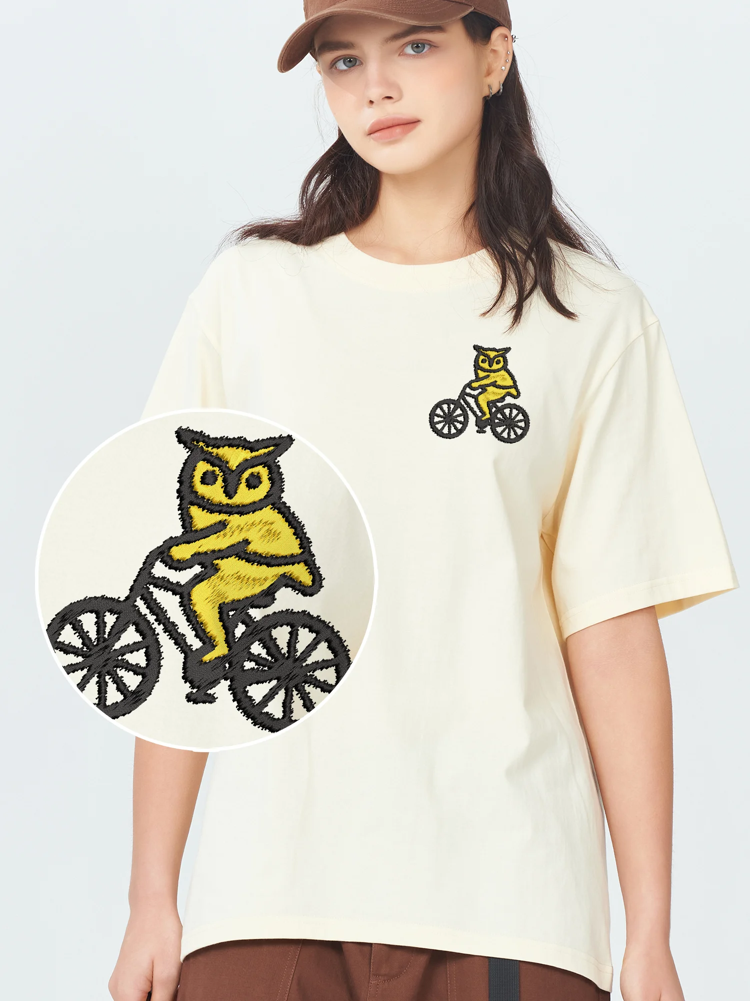 

Owl Cycle Embroidered T Shirts 100% Cotton Luxury Clothing Breathable Clothes Embroidery Camiseta Unisex Casual Streetwear