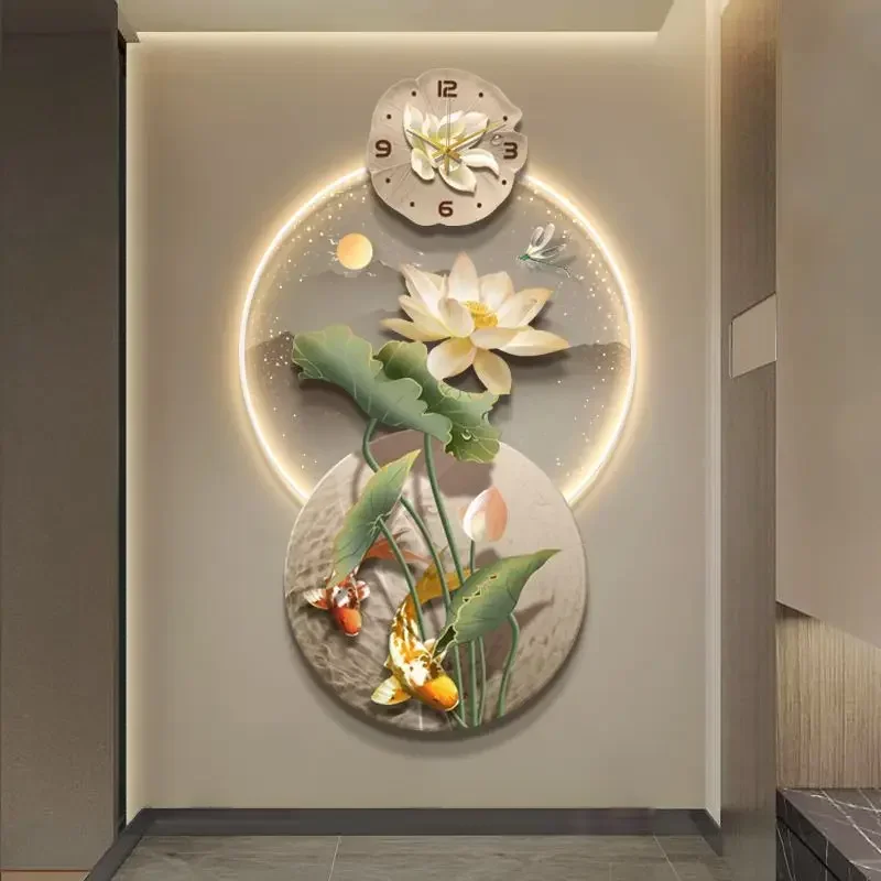 Para Lotus Koi porche pintura decorativa reloj colgante pintura luz de lujo de alta gama pasillo final nueve peces imagen pared C