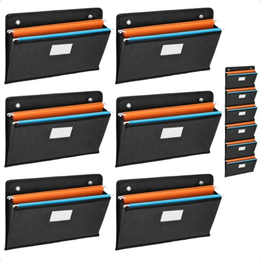 

6 Pack Wall Single Pocket File Organizer Holder with Label Panel Wall Mount File Pocket Folders with 12 Sticky Hooks for Papers
