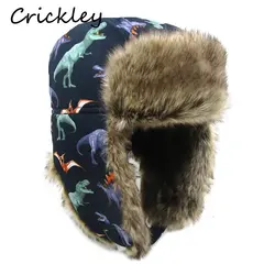 Winter Children Fur Keep Warm Hats Cartoon Dinosaur Pattern Ushanka Caps for 1-10 Years Boys Girls Windproof Soft Skiing Hat