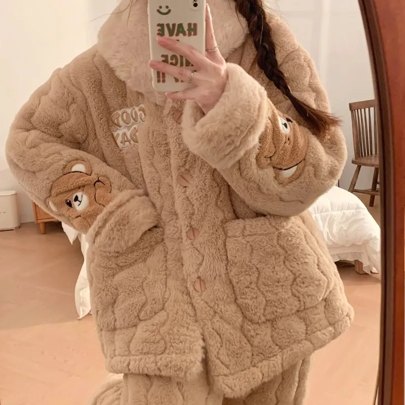 

Pajamas women's autumn and winter fleece thickened coral fleece winter loungewear