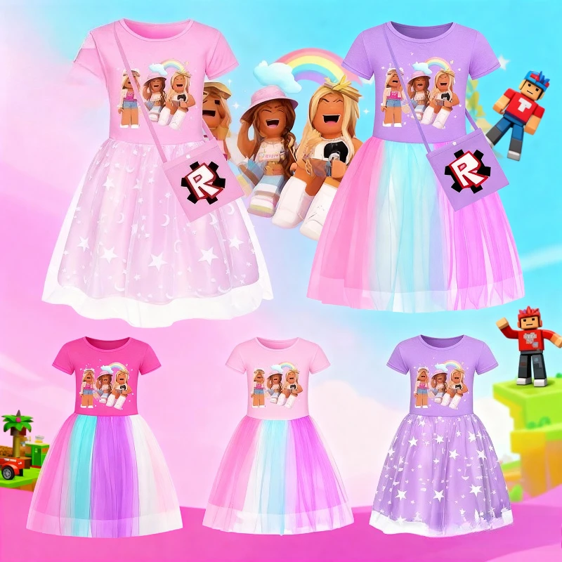 ROBLOX أزياء الفتيات فساتين الأميرة الوردي نجمة قوس قزح تنورة دانتيل تنحنح فساتين الحفلات لطيف + حقيبة لوازم ملابس الحفلات