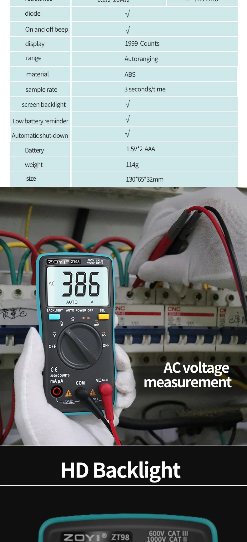 ZOYI Digitales Multimeter Amperemeter Voltmeter Widerstandsmessgerät Frequenzmesser mit Hintergrundbeleuchtung Spannungsmesser Diodentester ZT98 ZT100 ZT101 ZT102 – Detail 12