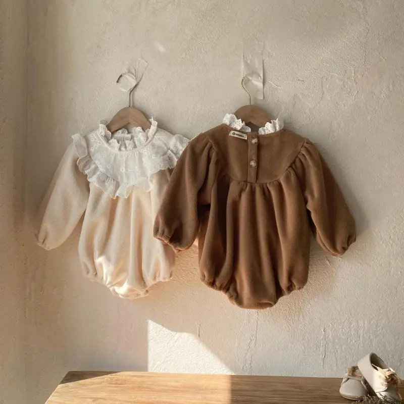 Winter New Baby Girl Cute Lace Collar Bodysuit Thick Warm Newborn Toddler Long Sleeve Clothes Infant Girl Fleece Jumpsuit 0-24M