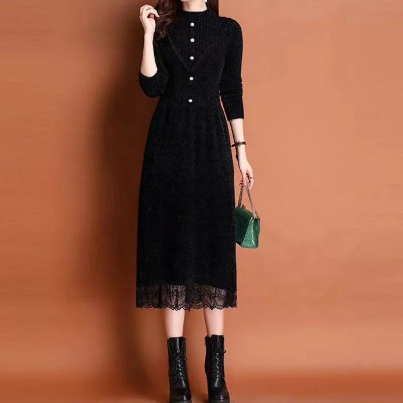 Women Autumn and Winter Korean New Fashion Elegant Half High Collar Sweater A-line Skirt Lace Button Spliced Long Sleeves Dress