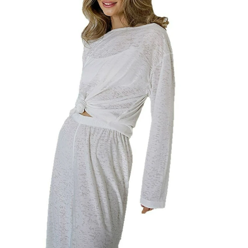 Summer Fashion Knitted White Round Neck Long-sleeved Pajamas Trousers Set Foreign Trade Soft Skin-friendly Loungewear Women
