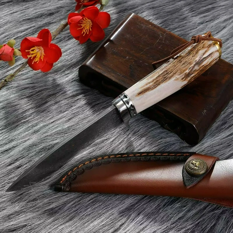 

Damascus antlers handle Straight knives With Leather Sheath edc multitool Daily at home outdoor bushcraft tactical knife VG10