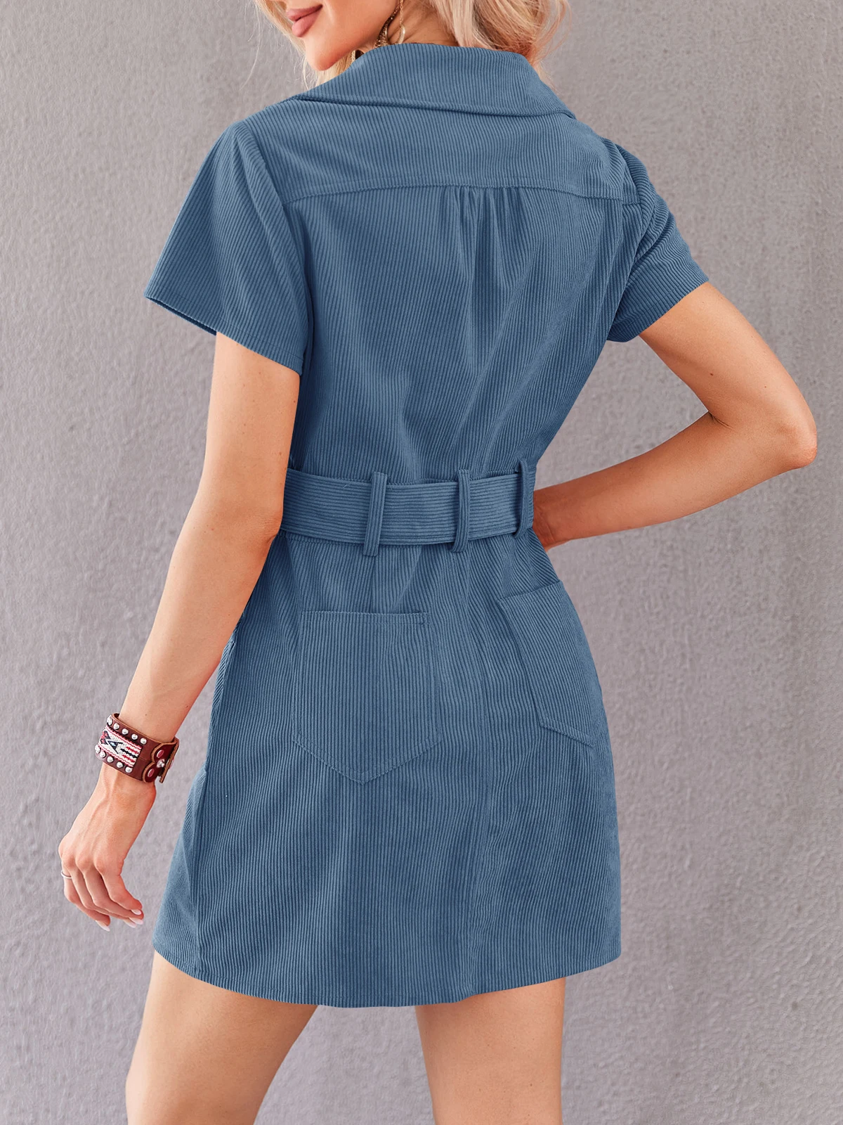 Zip Up Solid Color Corduroy Mini Dress For Women Clothing Short Sleeve Lapel Belted Dresses Slim High Waist Fashion Streetwear