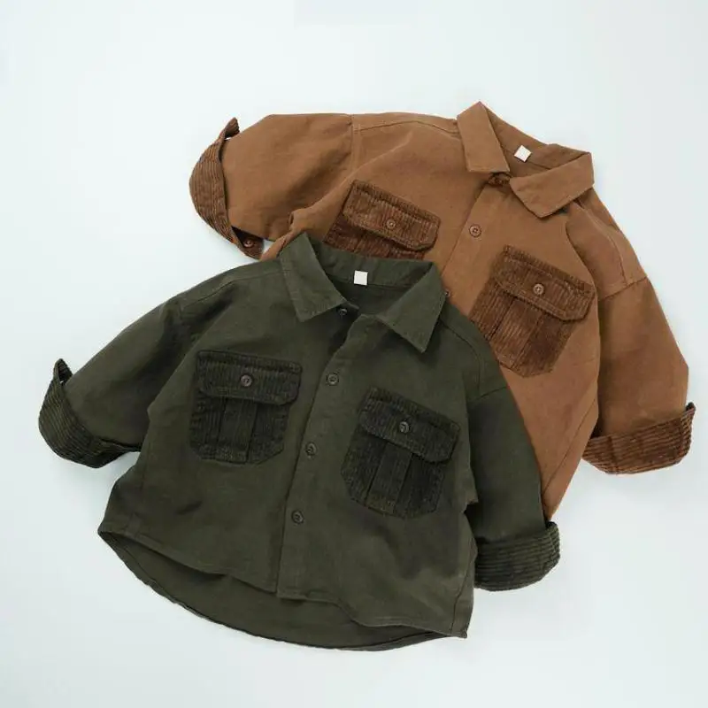 

Autumn Winter New Children Long Sleeve Corduroy Shirts Boys Lapel Cargo Coat Baby Girls Pocket Lapel Jacket Kids Clothes