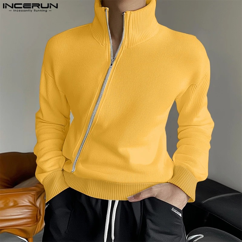 INCERUN Tops Korean Style Fashion New Men's Knitted Pit Stripe Diagonal Zipper T-shirt Casual Simple Solid Long Sleeved Camiseta