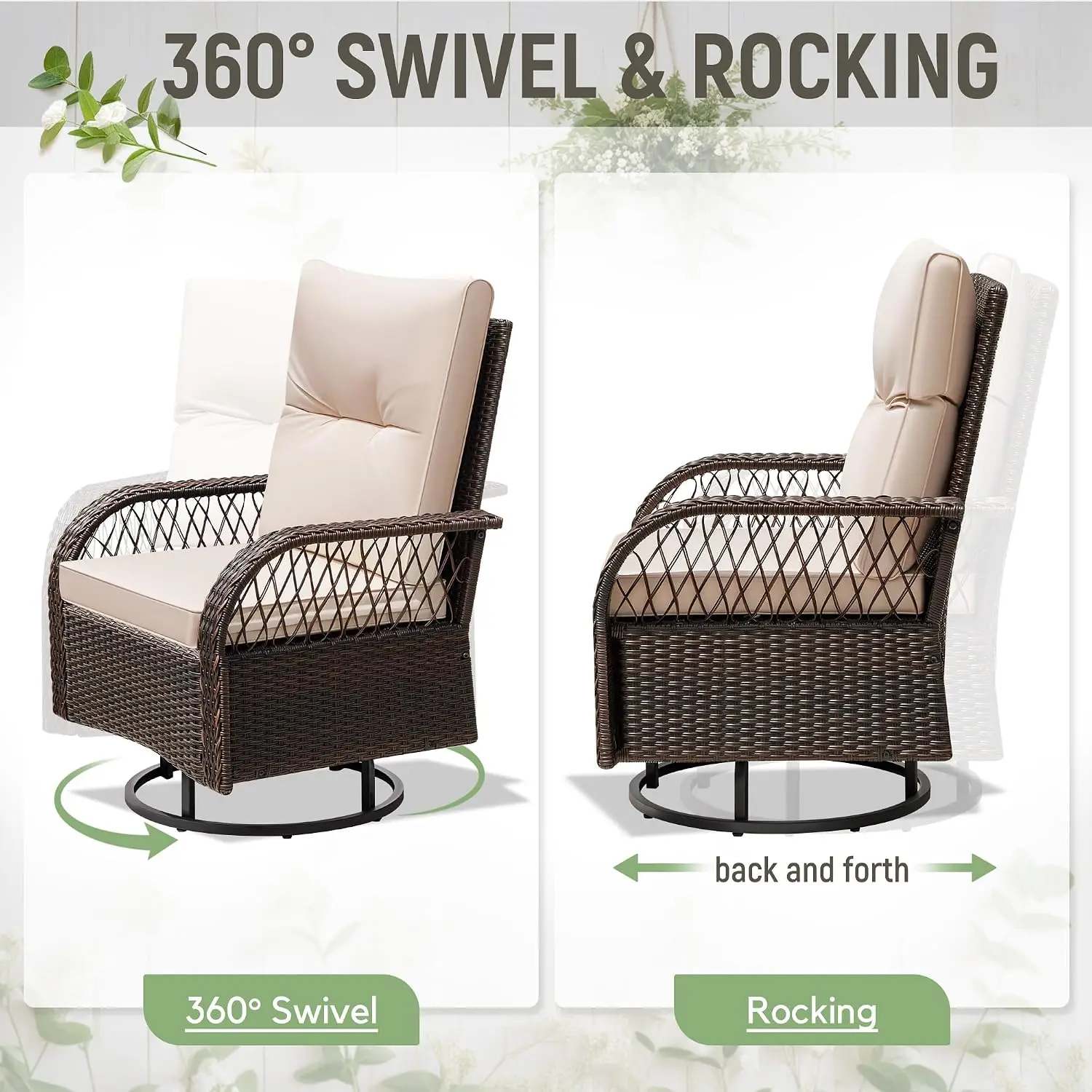 3-Piece Outdoor Swivel Rocker, Luxury Wicker Patio Furniture Set with Rattan Side Table&Thick Detachable Cushions, Customized