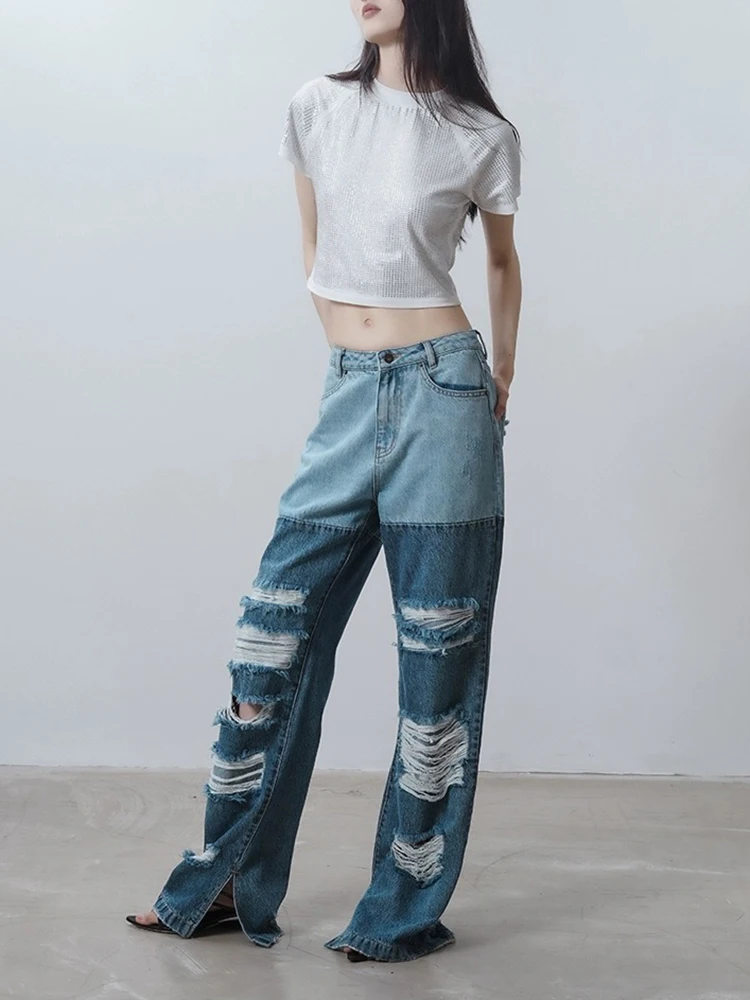 Broken hole color collision splicing women's jeans Y2K Slim Straight Raw Edge Slit Blue Women's Trousers 2024 Summer new