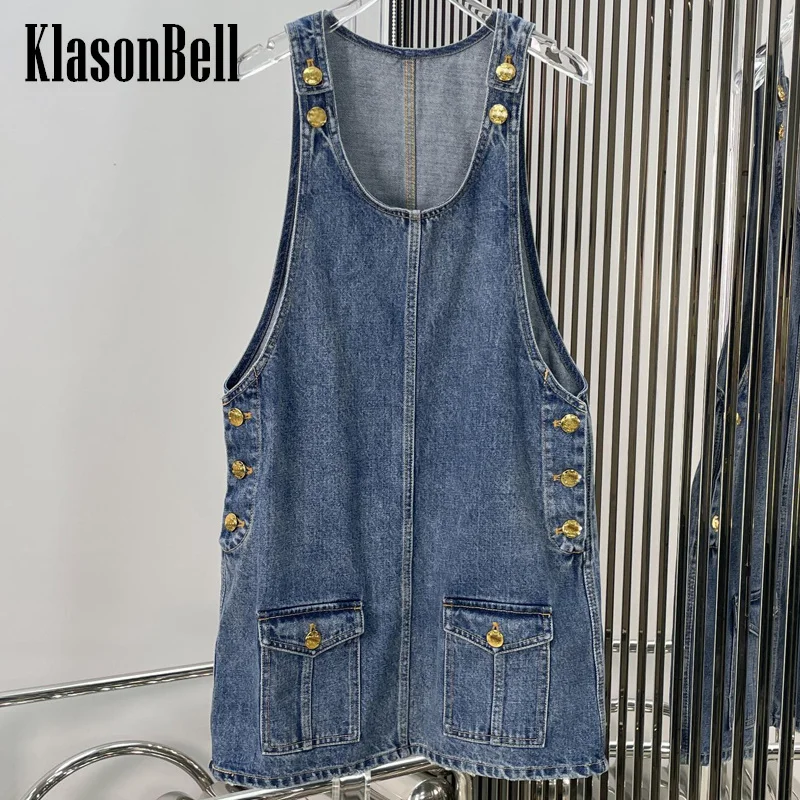 

7.5 KlasonBell Women Gold Button Suspender Denim Distressed Dress 2024 Summer New Sweet Temperament Double Pocket Mini Dress