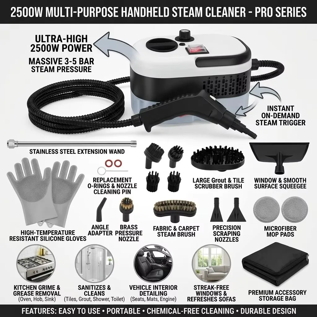 New Universal 2500W Handheld Steam Cleaner High Pressure Household Car Steam Cleaning Machine Portable Multi Purpose For Home Kitchen Bathroom Carpet Sofa Floor Window Tile Grime Removal Durable Easy Use With Nozzle Brush Storage Bag Accessories Set Kit