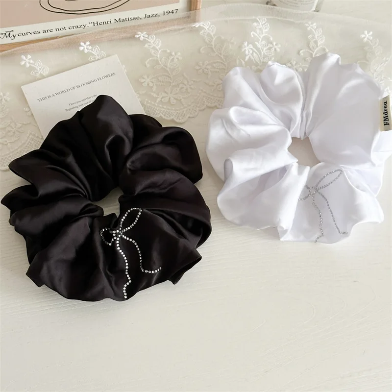 

Korean Black White Color Hair Scrunchie with Bowknot Crystal For Women Elastic Ponytail Holder Headbands Hair Accessories 2024