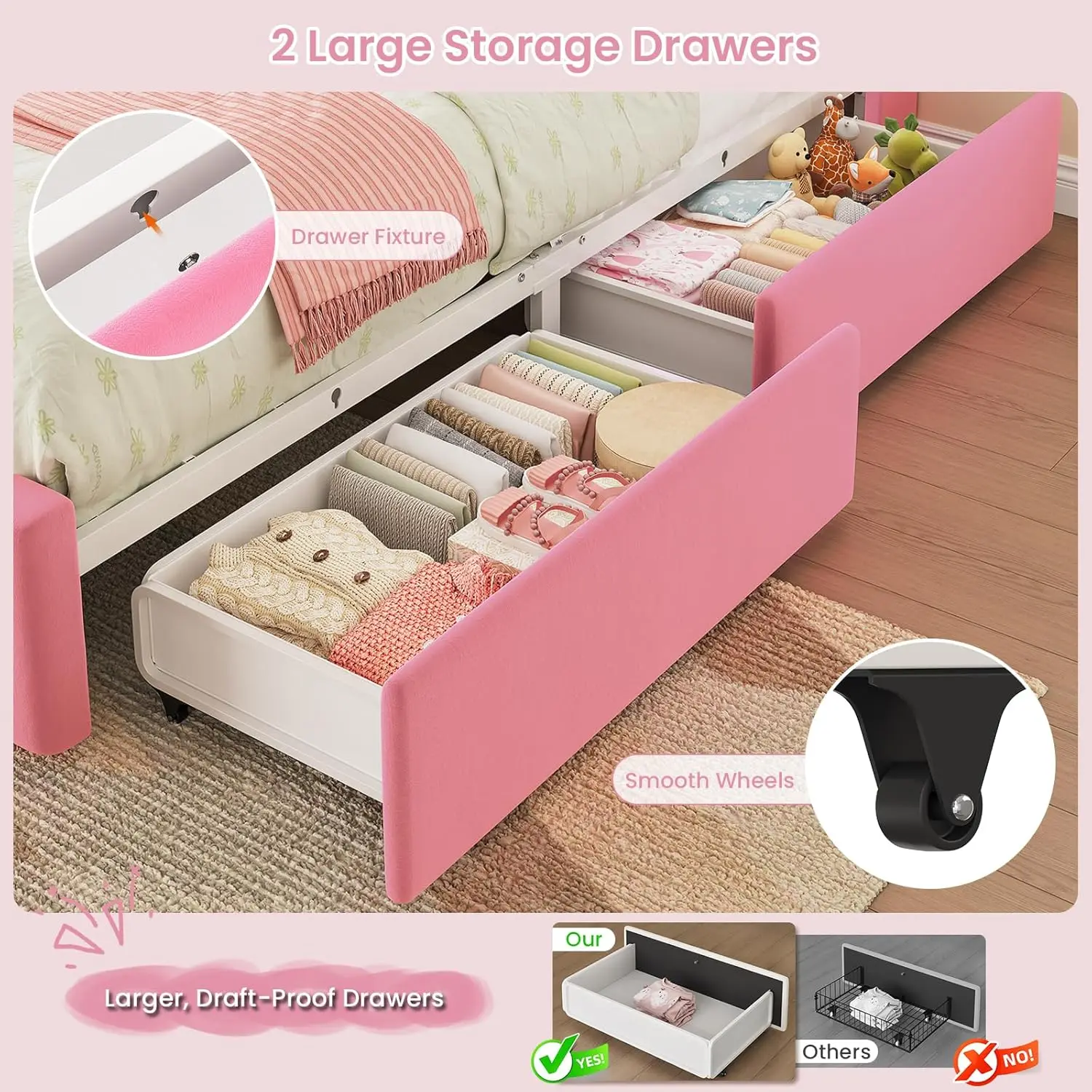Cama de Solteiro para Meninas com Gavetas de Armazenamento, Cabeceira com Estante, Luzes LED e Tomadas Elétricas, Diamante, Personalizada
