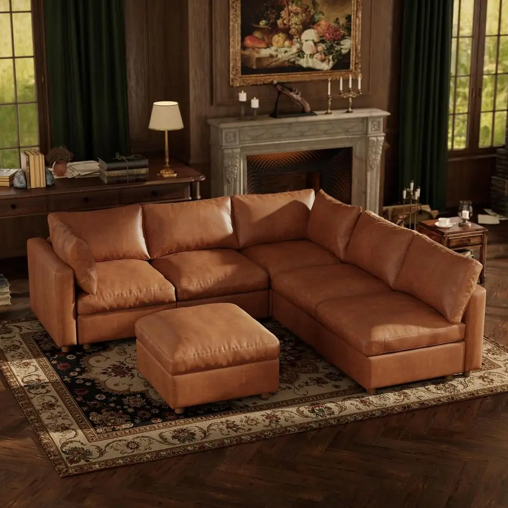 

5 Seater Camel Leather Sectional Sofa with Storage Ottoman for Living Room