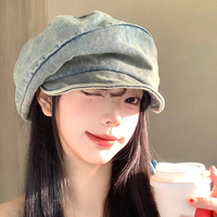 Niche Pleated Design Washed Denim Berets Cap for Women Show Face Small Japanese Literary and Retro Versatile Casual Painter Hat