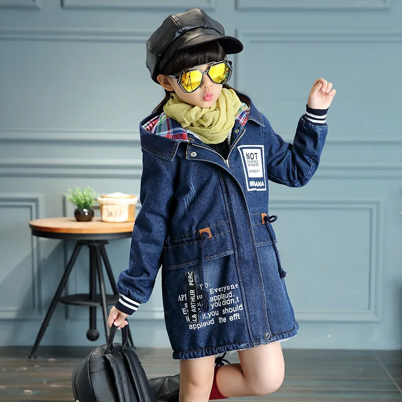 New Winter Girls Jacket Children Denim Jackets Long Warm Clothing Kids Plus Thick Velvet Jacket Cotton Hooded Outwear for Girl