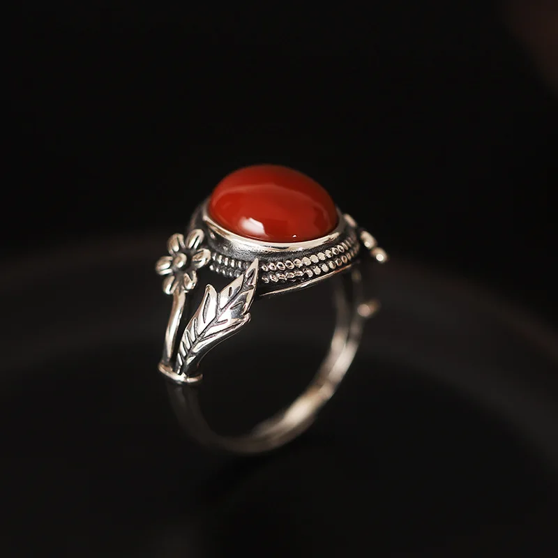 BOCAI 2022 Real S925 Silver Jewelry Vintage Matte Lace Southern Red Onyx Woman Ring Holiday Gift