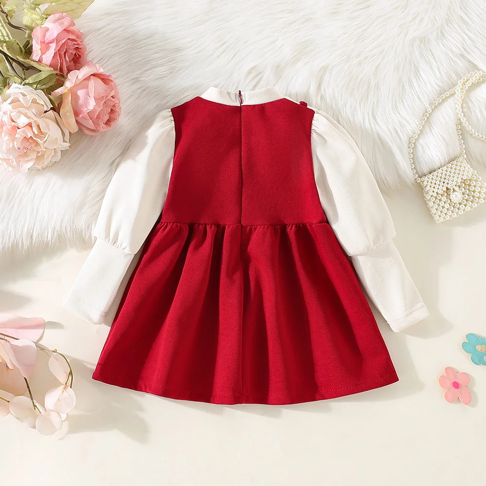 Spring and Autumn New Girl Dress Cute Girl Shoulder Straps Two 3D Flower Splicing Long Sleeve Princess Dress