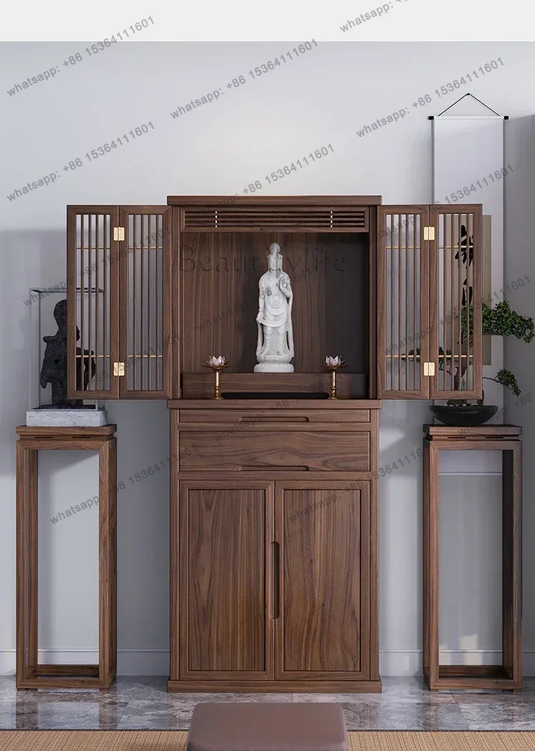 FG Modern Light Luxury Simple Home Black Walnut Solid Wood with Door God of Wealth Bodhisattva Guan Gong Large Buddha Niche
