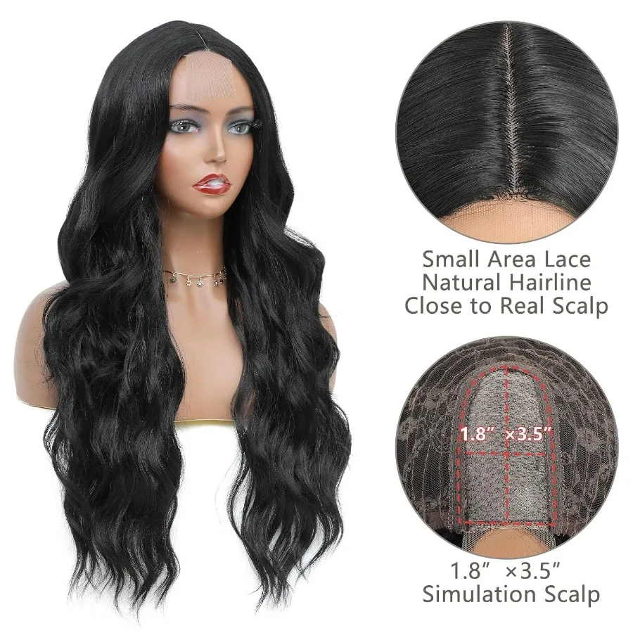 باروكات طويلة سوداء مموجة للنساء الجزء الأوسط شعر مستعار أسود مموج بدانتيل أمامي شعر صناعي ذو مظهر طبيعي شعر مستعار أسود طويل للاستخدام اليومي