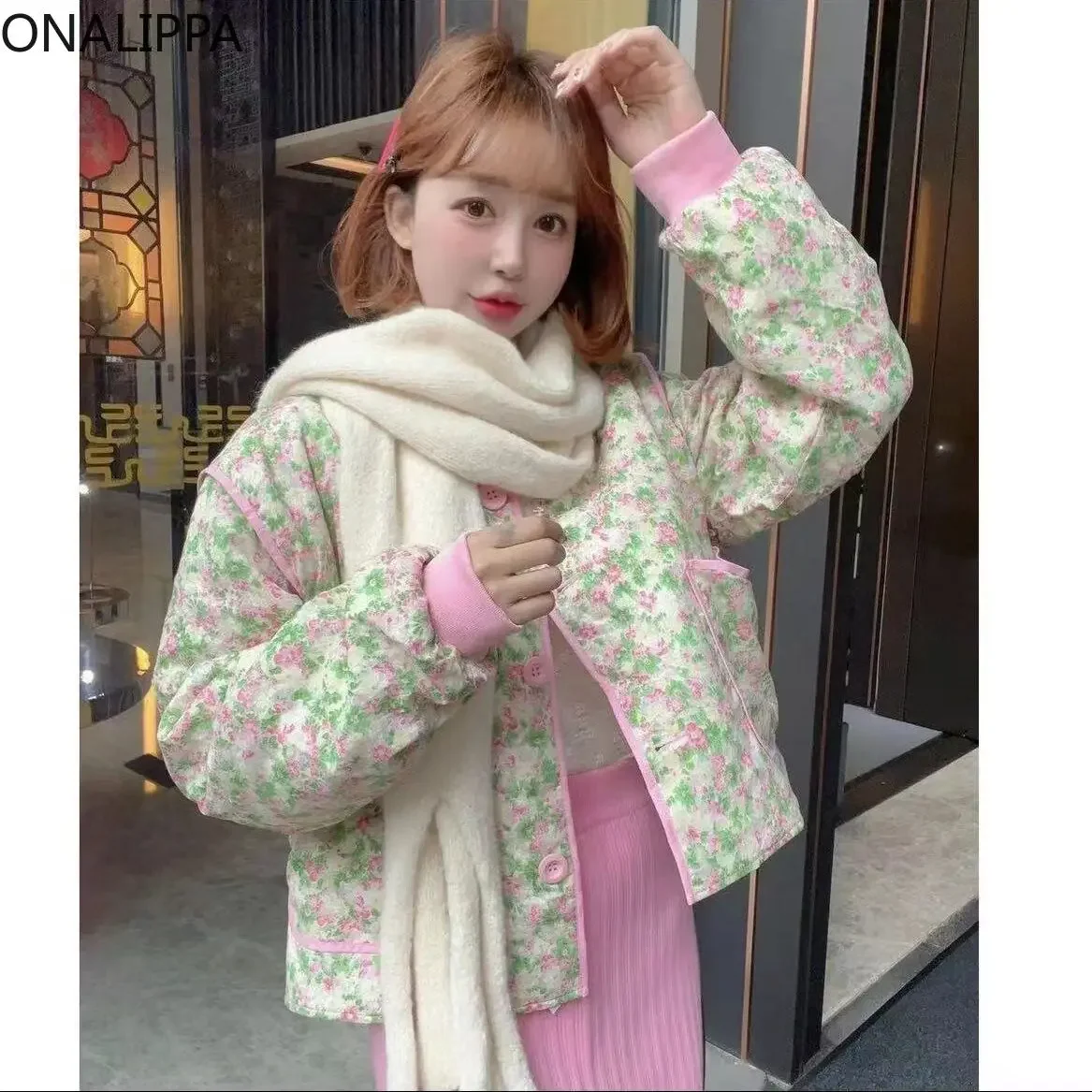 Onalippa Small Fragrance Contrast Floral Quilted Coat Sweet Gentle Wind All Match Jackets for Women Korean Loose Kawaii Jacket